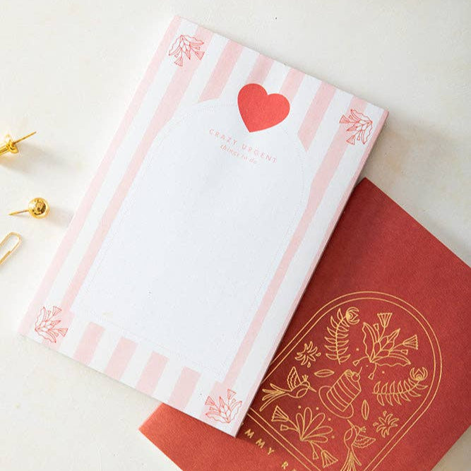 'Crazy Urgent' Heart & Pink Stripes Notepad - Bespoke Hearts