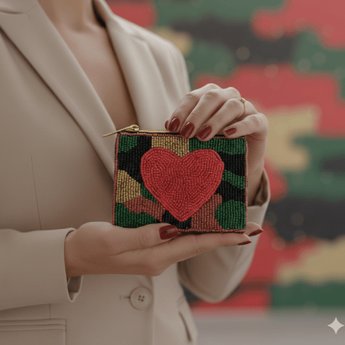 Beaded Camo Heart Coin Purse