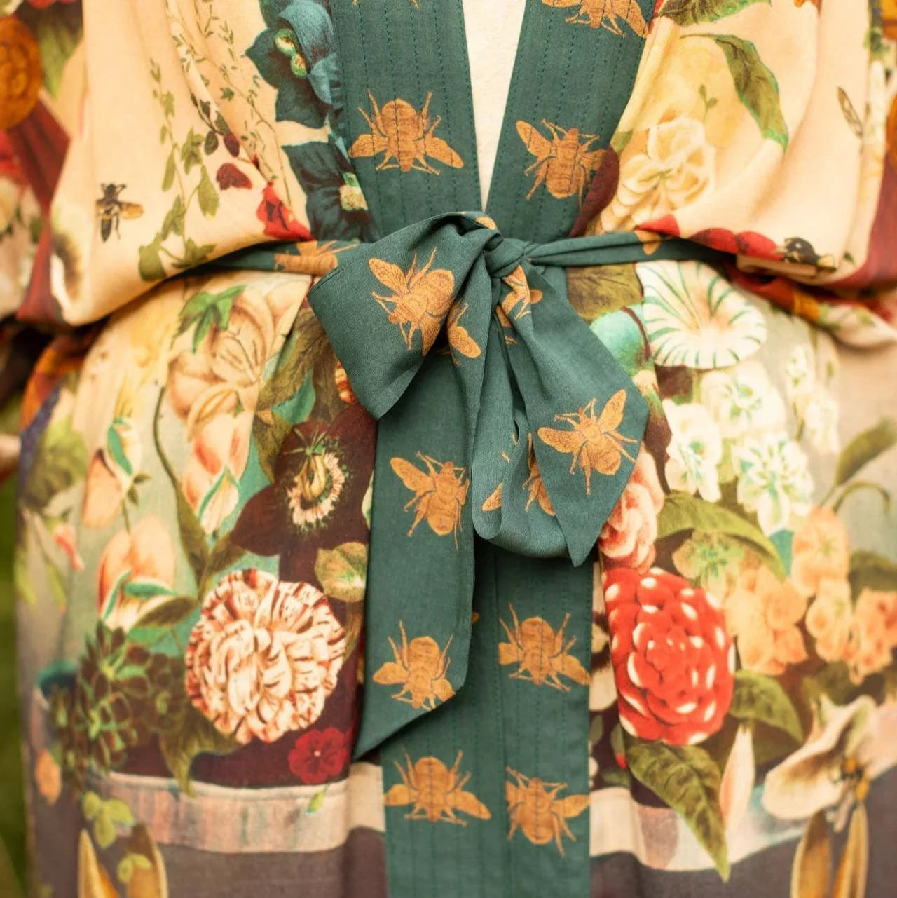 Floral robe with bee print and green tie belt, artisan home décor gift