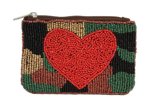Beaded Camo Heart Coin Purse
