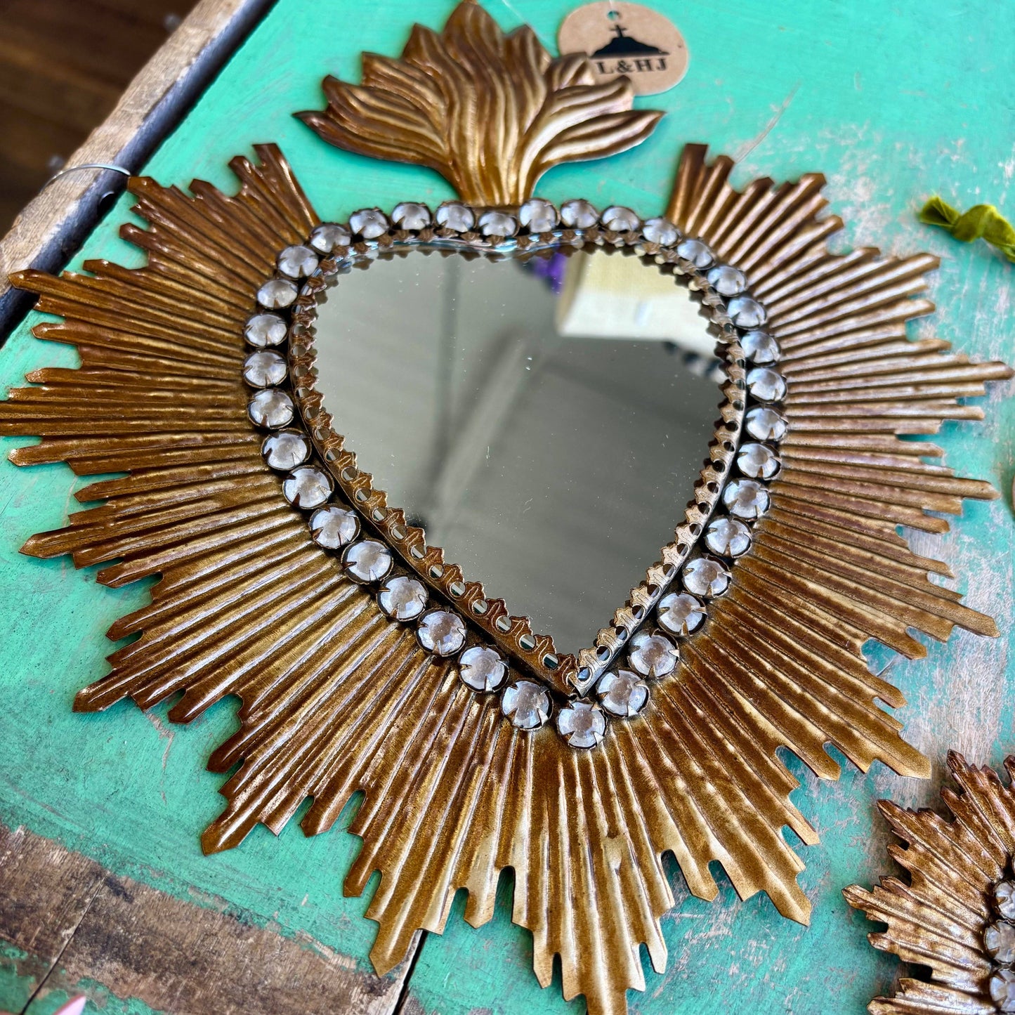 Bejewelled Rays Gold Sacred Heart Mirror