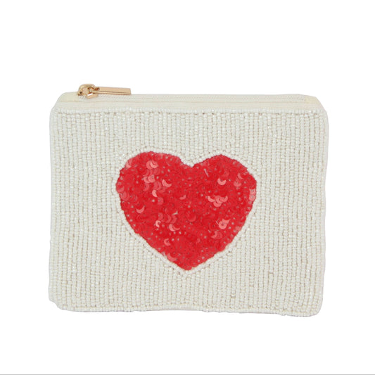 White Beaded Red Heart Coin Purse