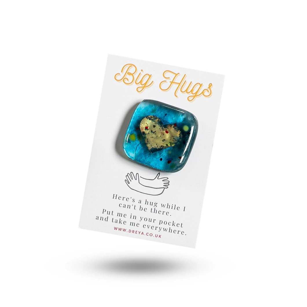 Handmade Fused Glass Heart Pocket Charm - Big Hugs with Poem