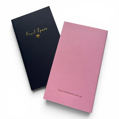 Heart Space notebooks in navy and pink, elegant gold foil design, perfect for heartfelt notes