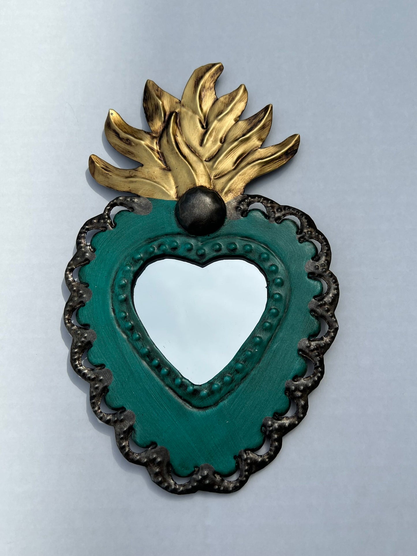 Mexican Sacred Heart Mirror Turquoise with Flame