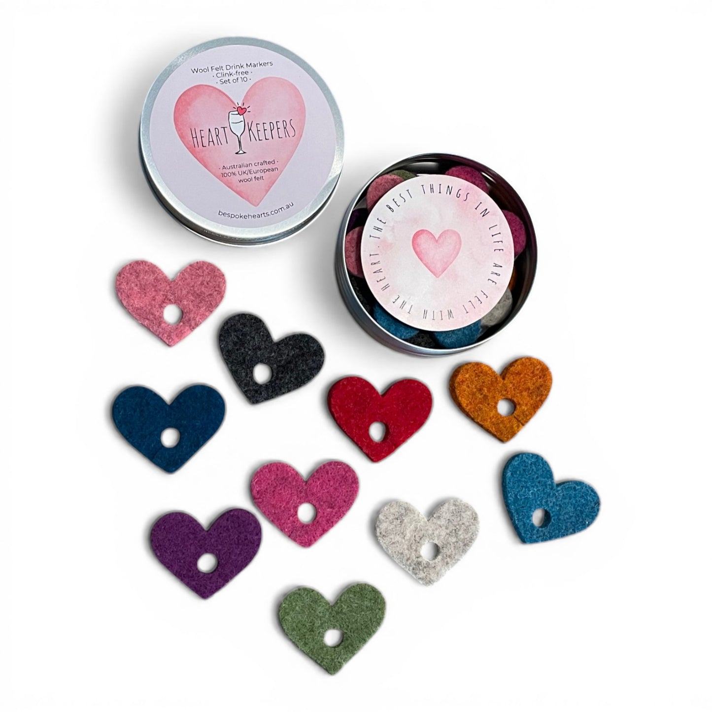 'Heart Keepers' - 10 Wool Felt Heart Drink Keepers