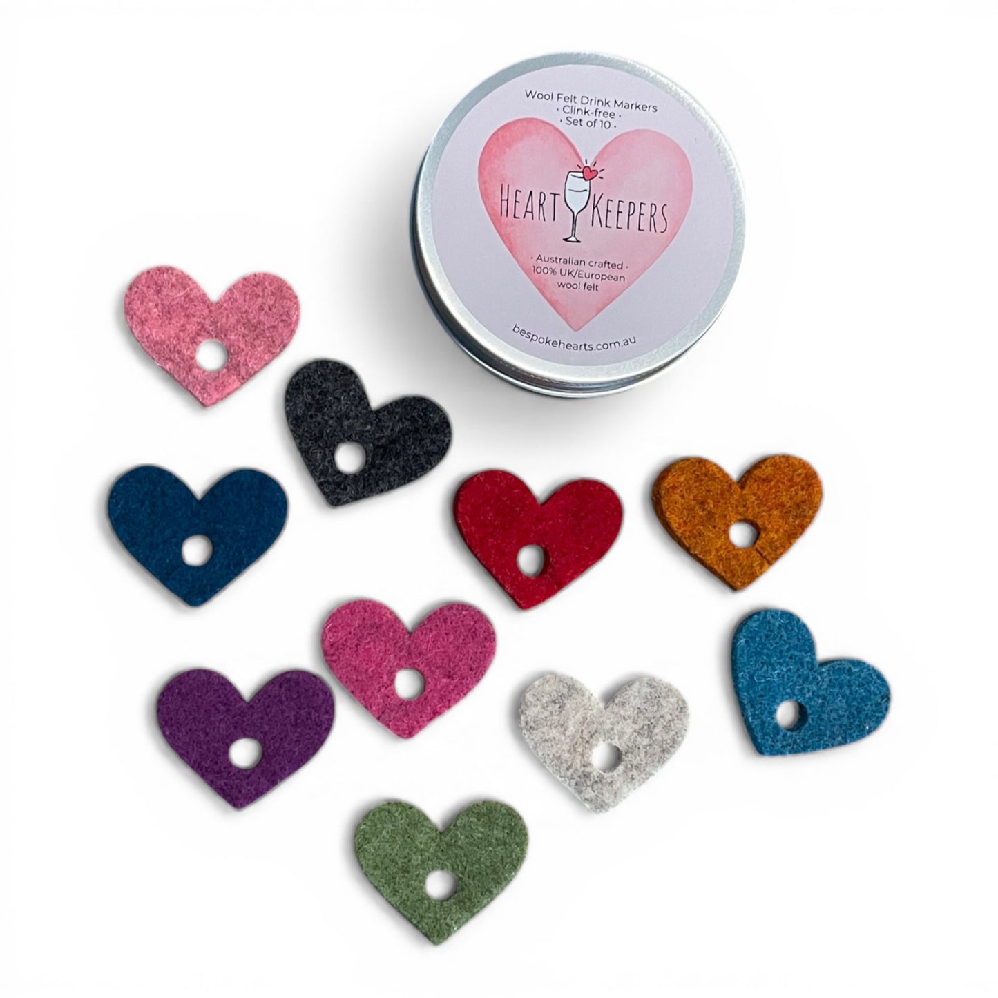'Heart Keepers' - 10 Wool Felt Heart Drink Keepers