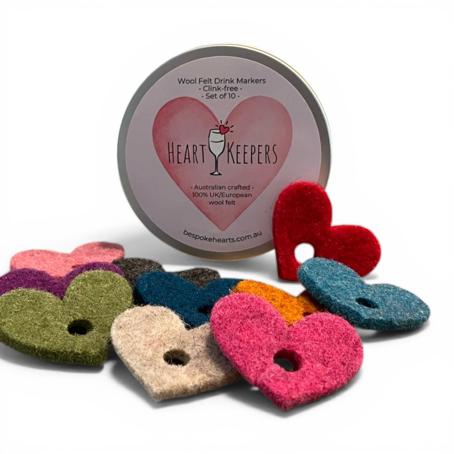 'Heart Keepers' - 10 Wool Felt Heart Drink Keepers