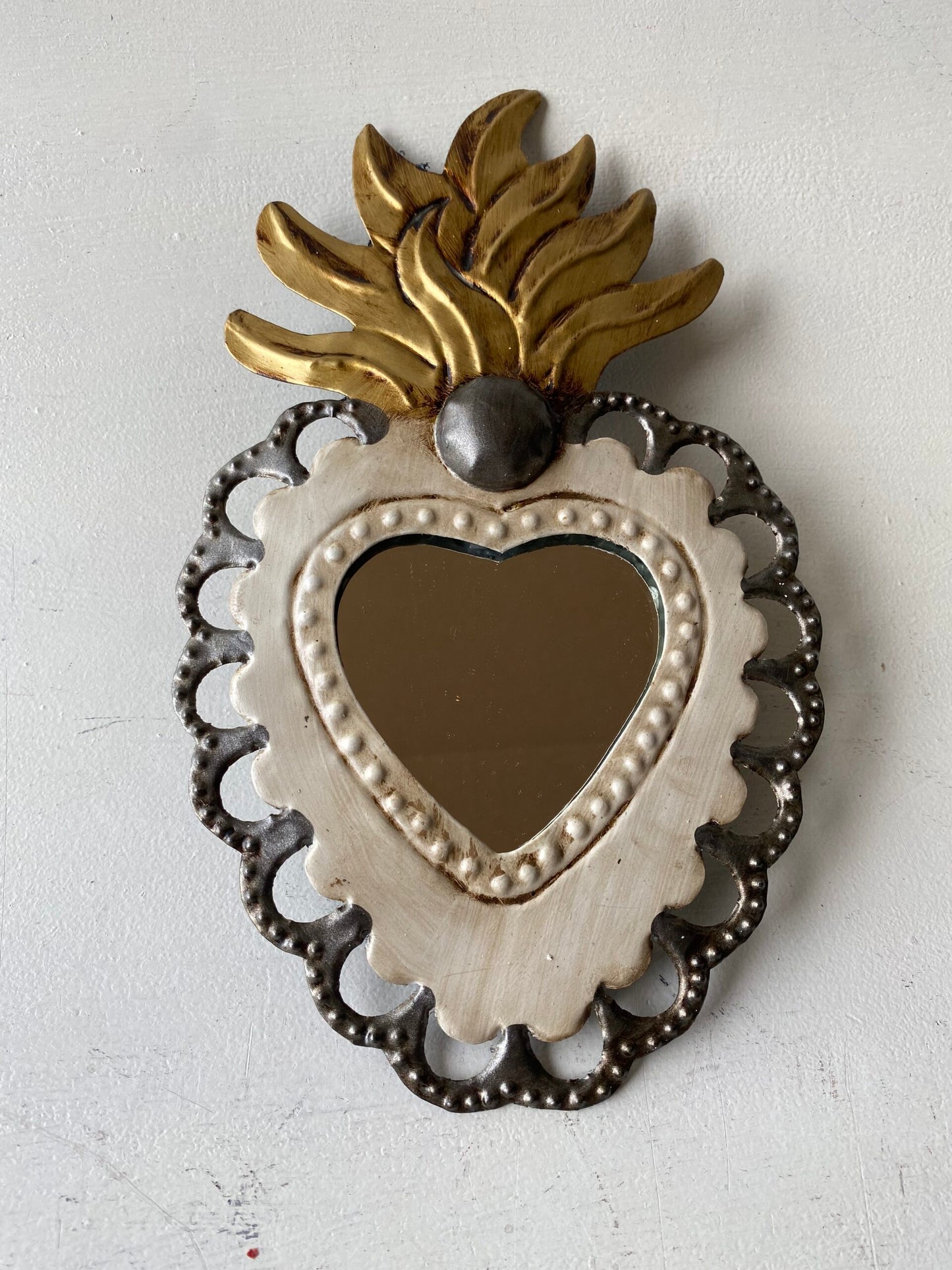 Mexican Sacred Heart Mirror Beige with Flame