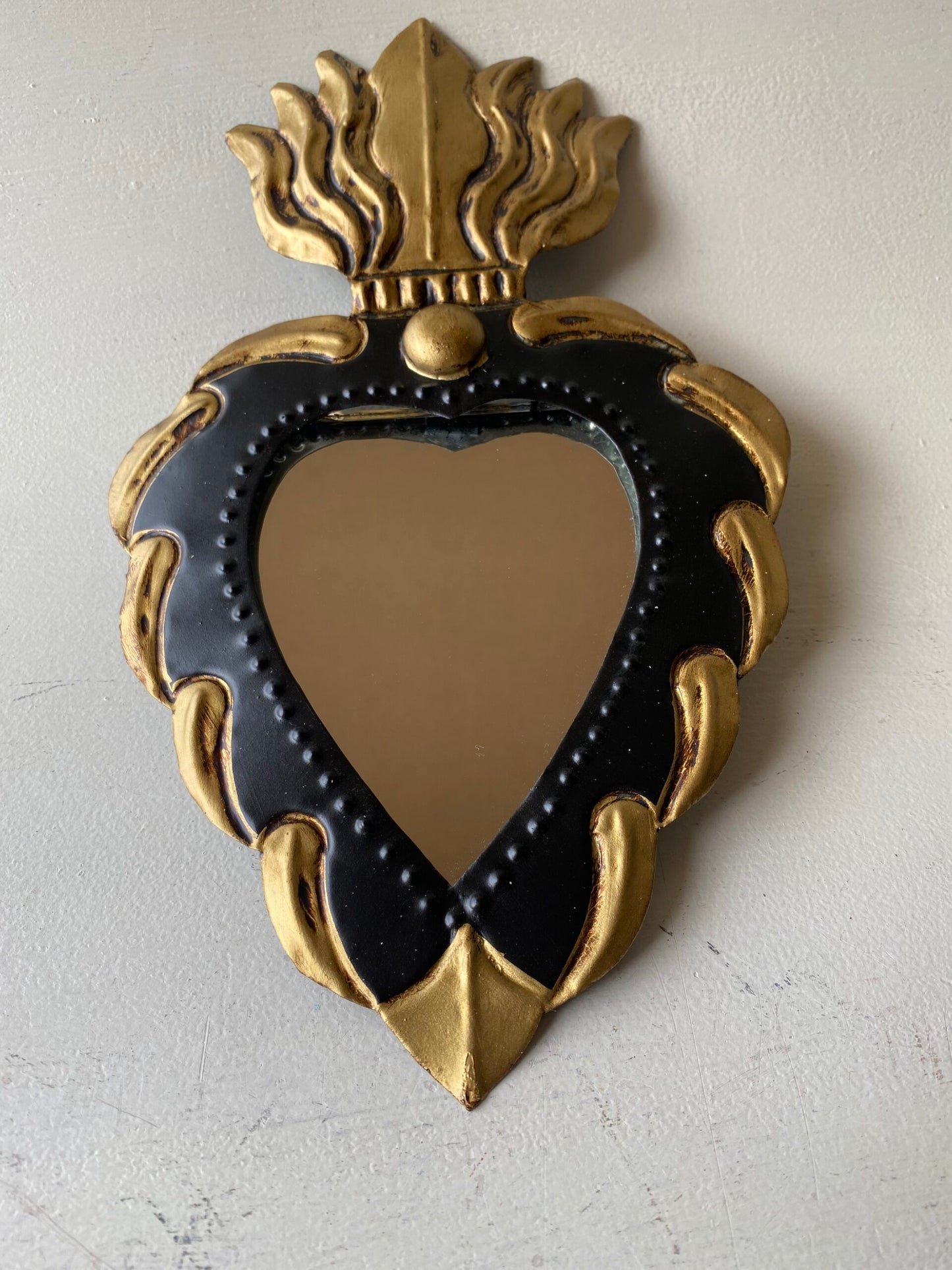 Mexican Sacred Heart Mirror Dark Navy Blue/Black with Flame