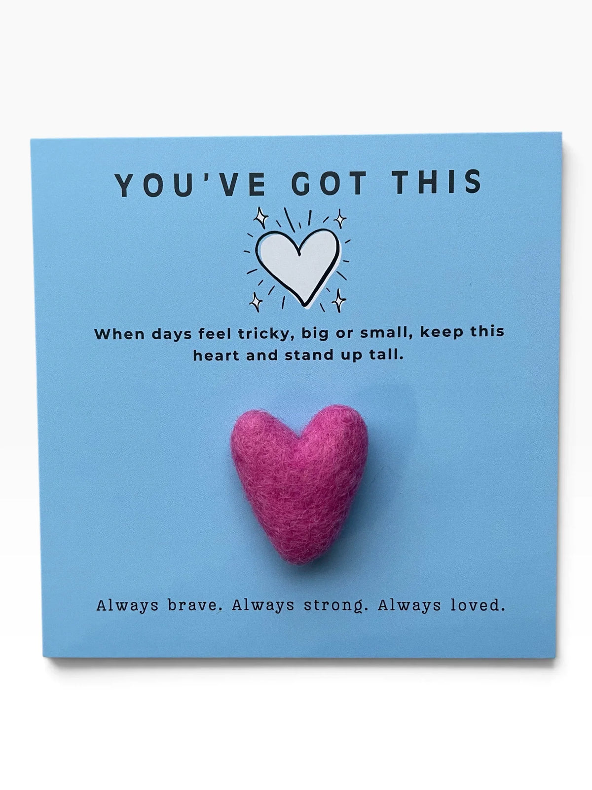 Bespoke Hearts pink felt heart pocket hug on a blue card with encouraging text.