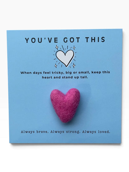 Bespoke Hearts pink felt heart pocket hug on a blue card with encouraging text.