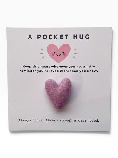 Bespoke Hearts Pocket Hug gift card with a small purple felt heart and supportive text.