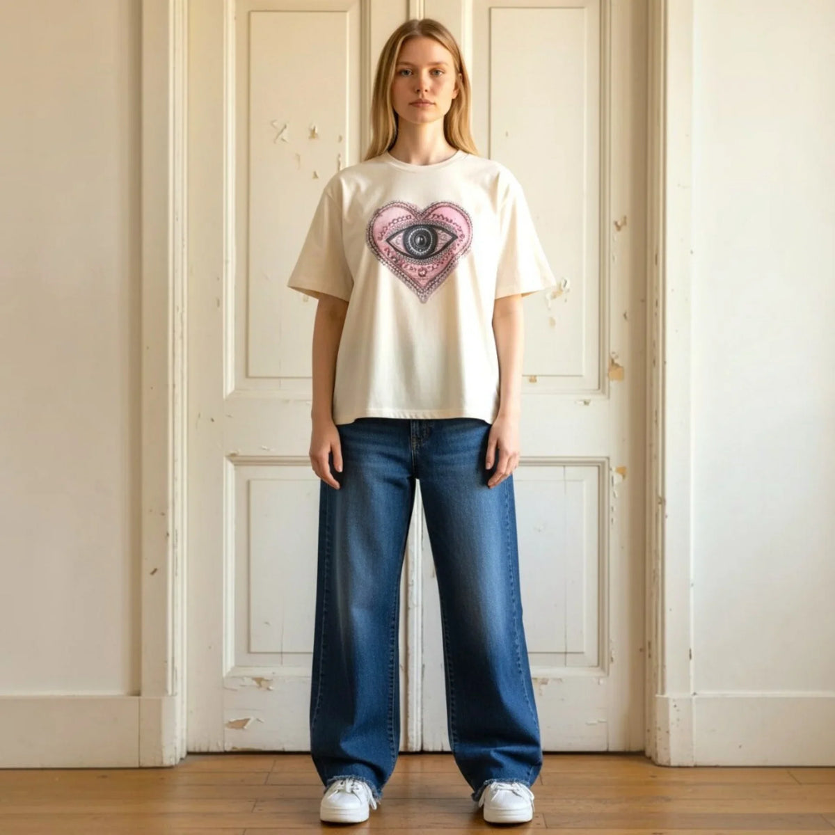 Model showing the ecru lover's eye tee