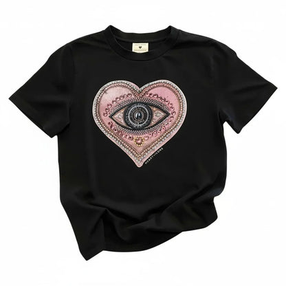Black Bespoke Hearts t-shirt featuring a pink jeweled heart with a central eye design.