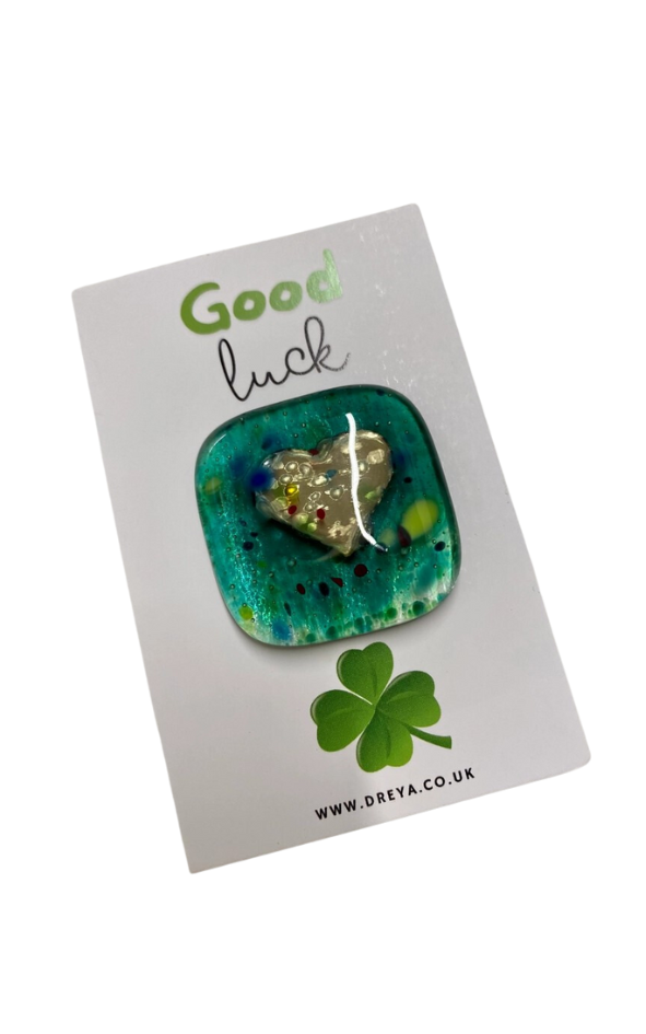 Handmade Fused Glass Heart Pocket Charm - Good Luck