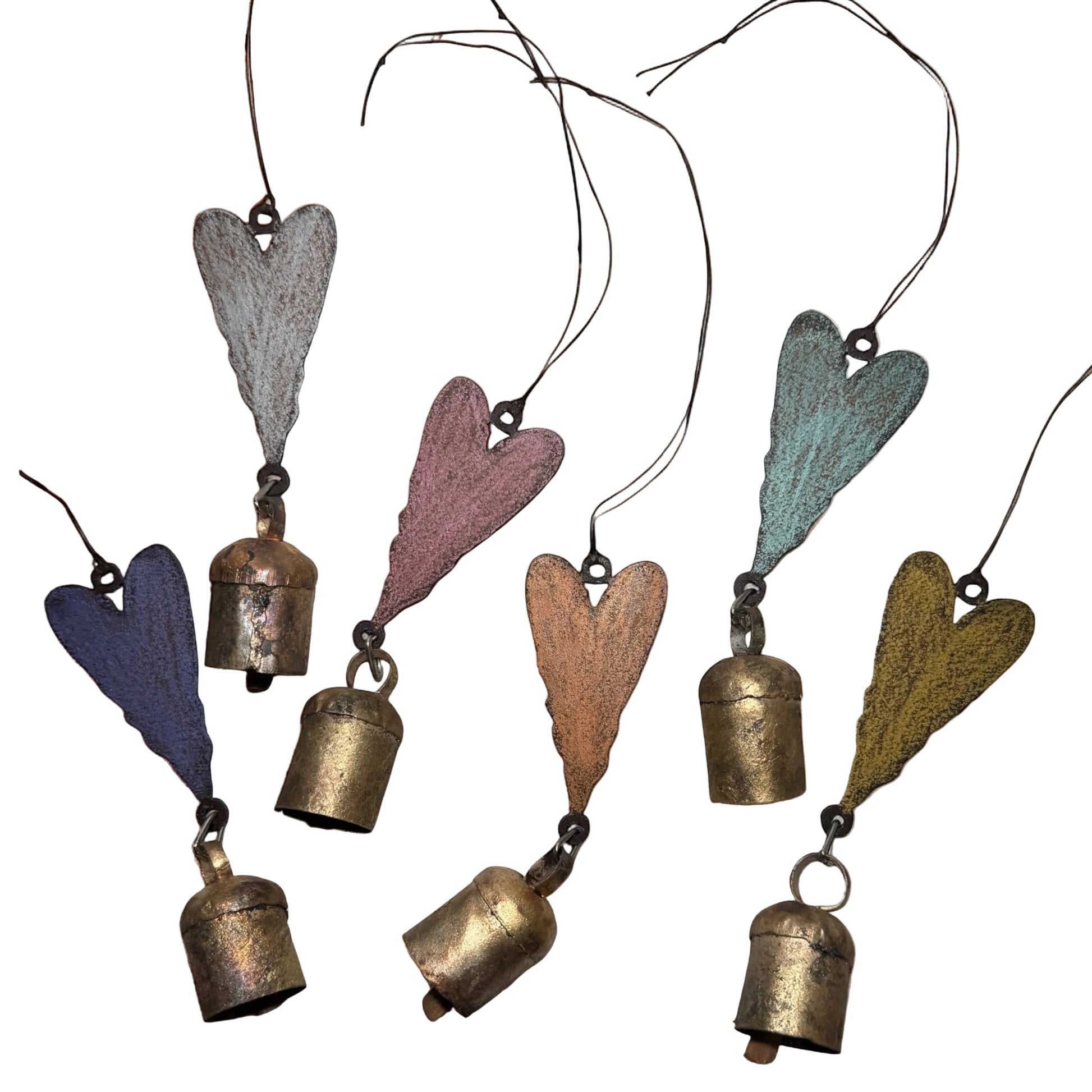 Heart-shaped metal bells on strings with a rustic background
