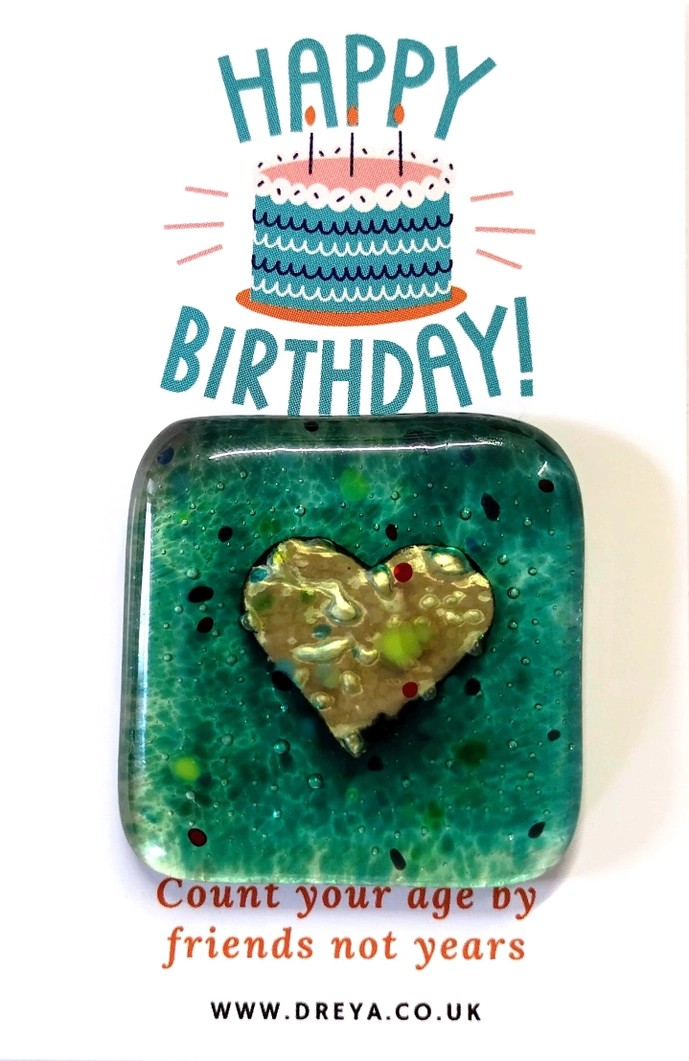 Handmade Fused Glass Heart Pocket Charm - Happy Birthday