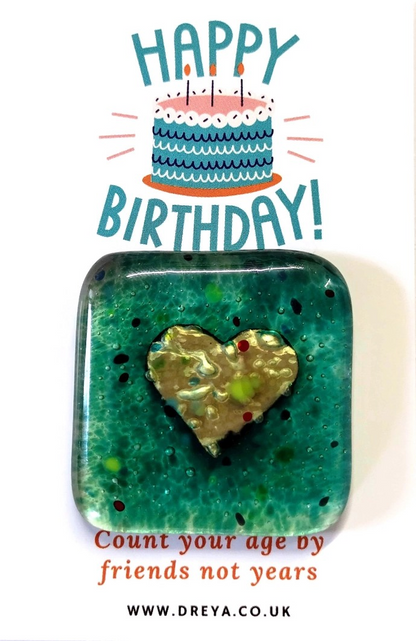 Handmade Fused Glass Heart Pocket Charm - Happy Birthday