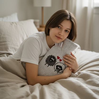 Sheep & Hearts Hot Water Bottle - Knitted