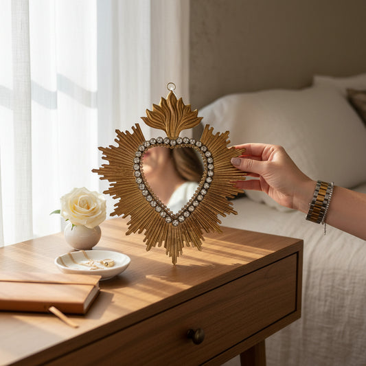 Bejewelled Rays Gold Sacred Heart Mirror